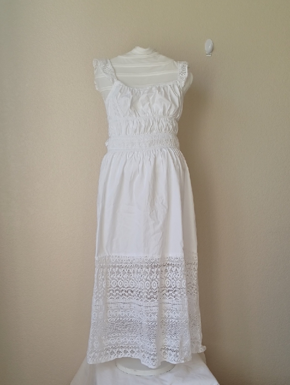 Style House 100% Cotton Lace Trim Maxi Tie Back Dress White, Womens Size Large